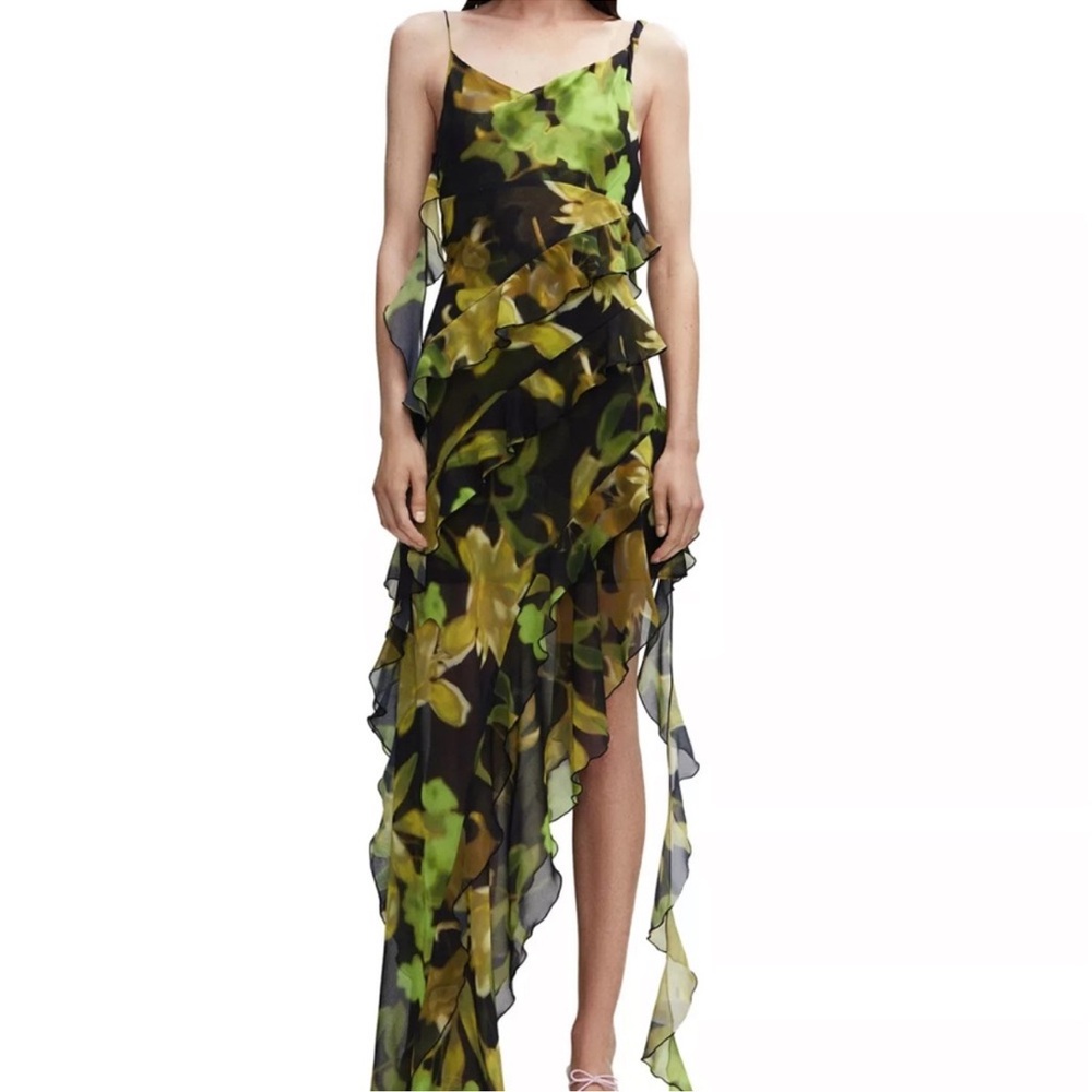 Mango Green and Black Asymmetric ruffled dress NWT